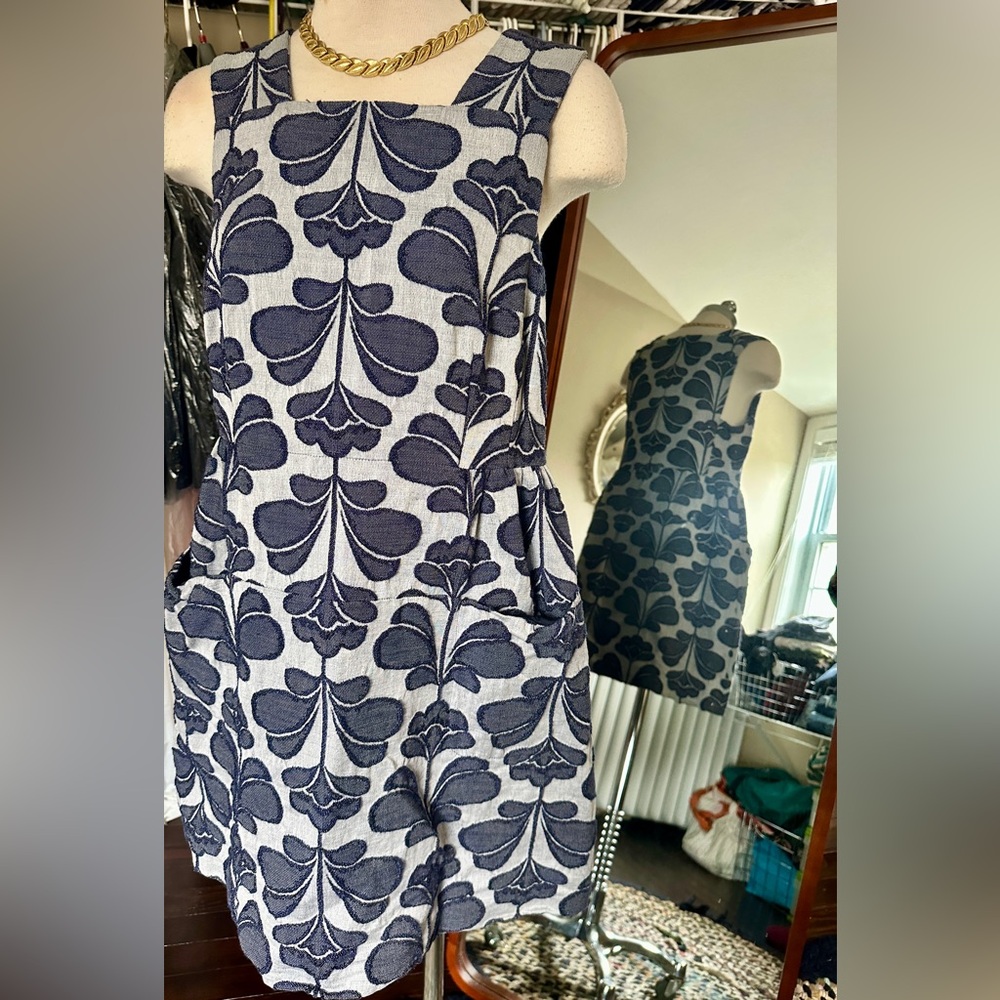 Orla Kiely Navy and White Floral-Pattern Midi Dress